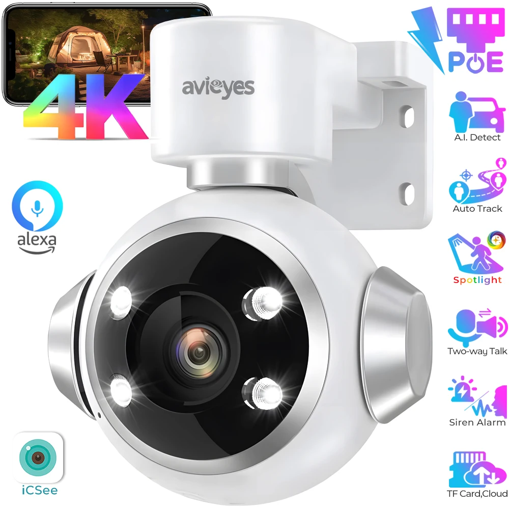 

4K 8MP PoE PTZ-камера безопасности с панорамированием и наклоном, IP-камера с автоматическим отслеживанием, интеллектуальное обнаружение искусственного интеллекта, цветная ночная двусторонняя аудиокамера наблюдения