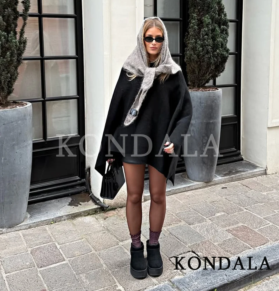 KONDALA Gestrickter, lockerer Cape-Mantel für Damen, braun, elegant, lässig, gestrickt, Cape-Mantel, 2025, Herbst-Winter-Mode, Vintage-Stil, weiblicher Cape