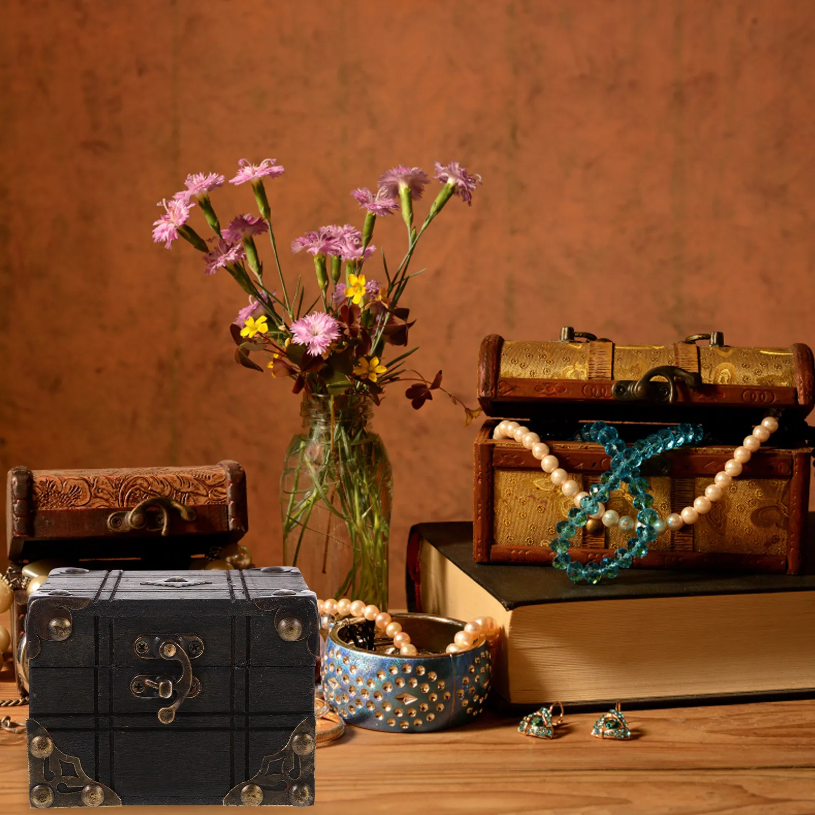 

Vintage Wooden Treasure Box Retro Jewelry Storage Chest for Earrings Rings Pendants Amber Trinkets Keepsake Decorative Home