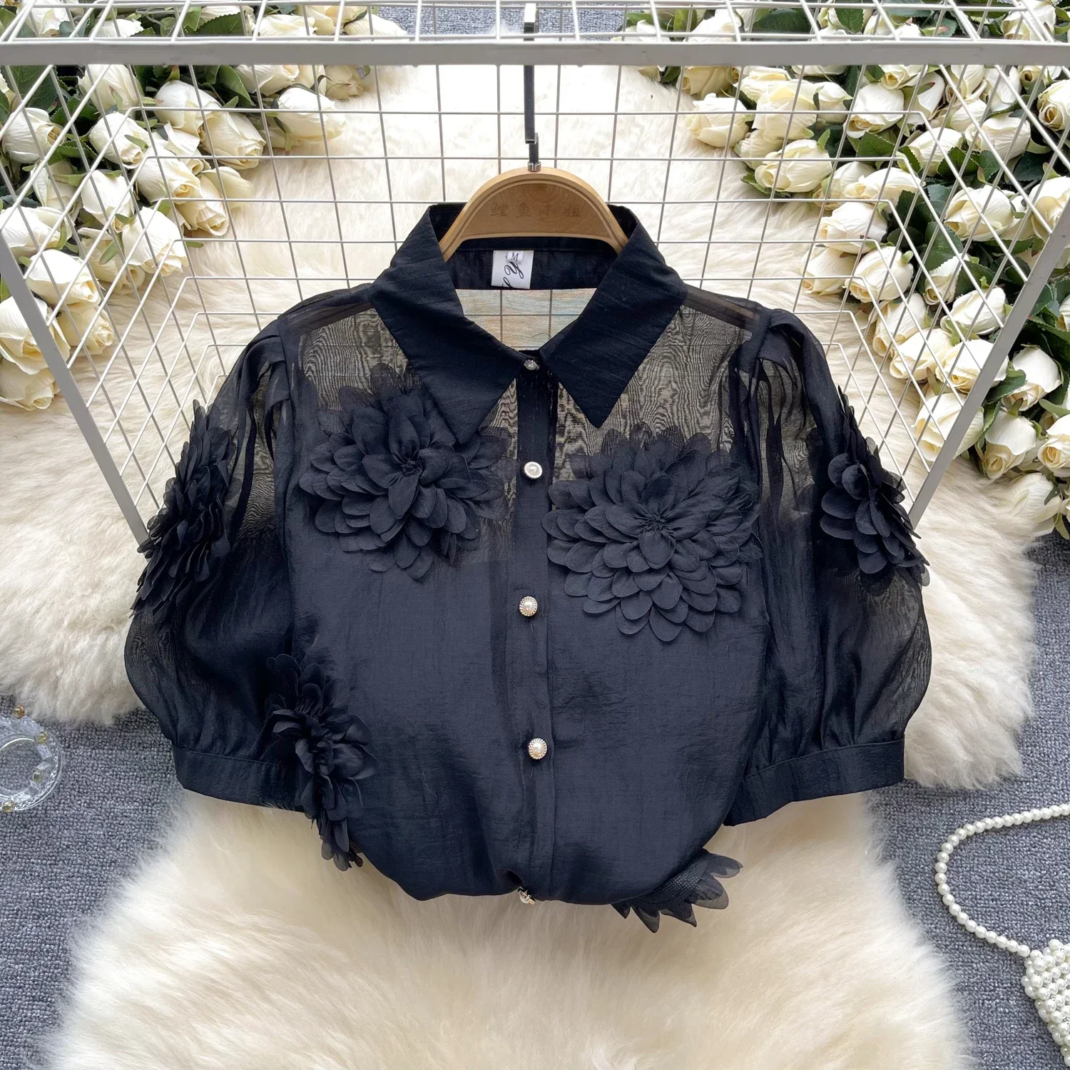 2025 New French Style 3D Floral Blouse Women Lapel Neck Short Sleeves Pearl Loose Top Fashion Hotsweet Sheer Chiffon Shirt