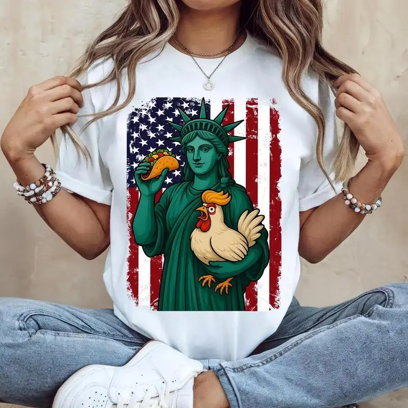 

Women's Funny Patriotic T-Shirt | Lady Liberty Taco Chicken Graphic Tee | 4th of July American Humor Gift Top