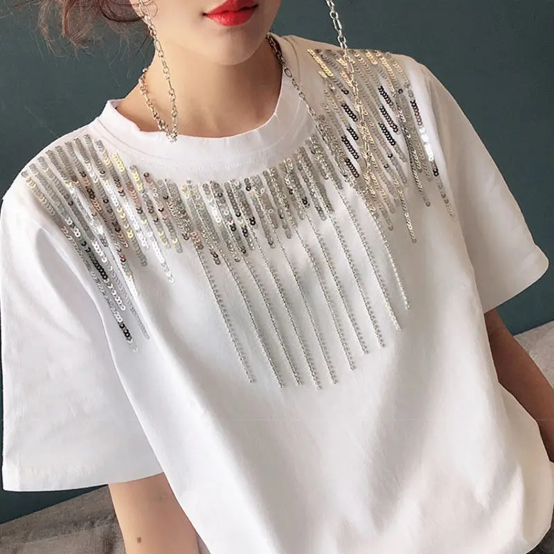 

Summer new short-sleeved women's T-shirt with round neck European style patchwork tassels sequins loose Korean fashion commuter