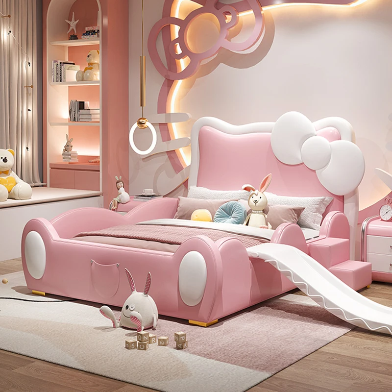 

Children's cartoon girl princess bed pink Kitty cat mother and baby solid wood 1.5m leather bed guardrail splicing