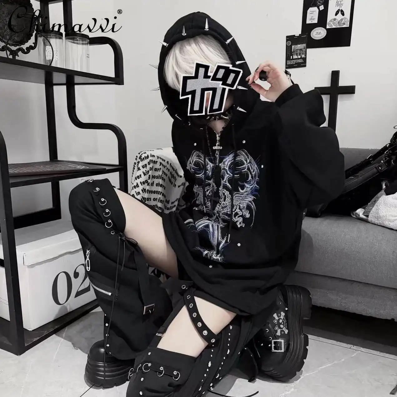 

Original Printing Tie-dye Subculture Long Rivets Hooded Drop Shoulder Sweatshirt Japanese Punk Cool Girl Loose Hoodies Tops