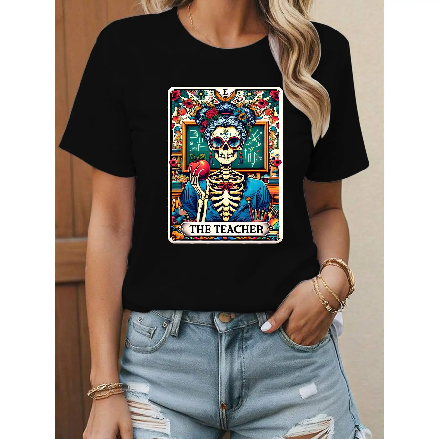 

Creative Teacher T-shirt Women Men | Funny Skeleton Graphic Tee | Retro Tarot Card Print Top | Vintage Grunge Short Sleeve Shirt