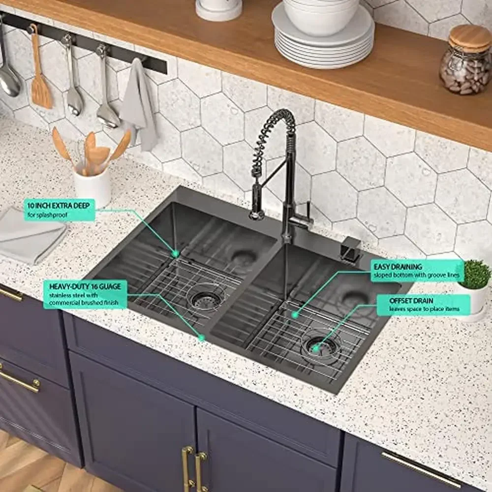 33 Inch Stainless Steel Topmount Gunmetal Black Double Bowl Kitchen Sink Large Volume 16 Gauge Drop In Sink with Unique R10