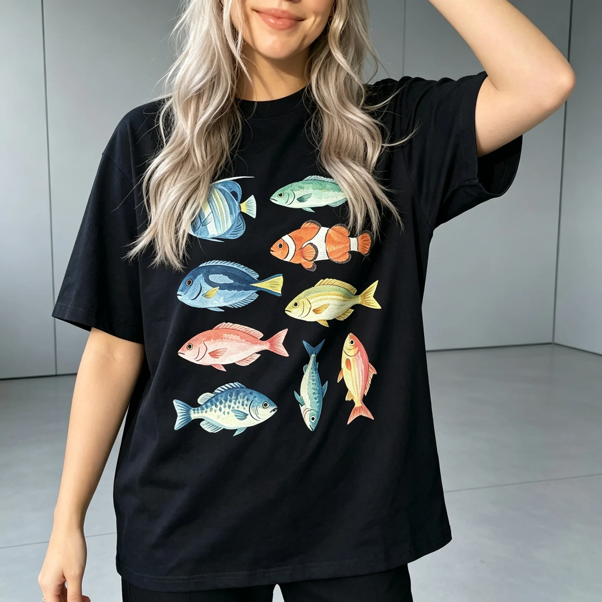 Colorful Tropical Fish Collection Graphic T‑Shirt Watercolor Ocean Animal Print Short Sleeve Tee Nature Lover  Casual T‑Shirt