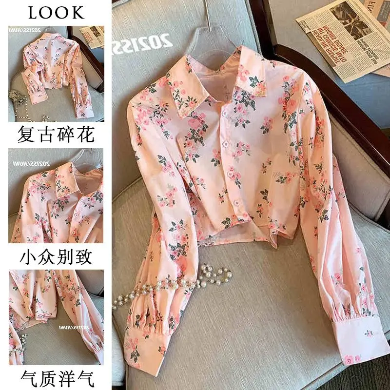 Short Floral Long Sleeve High Street Blouse Spring New Thin Printing Polo Neck Trend Shirt Tops Fashion Casual Women Clothing
