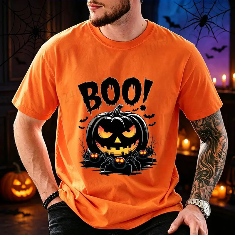 Men Halloween Boo Pumpkin Print T‑Shirt O‑Neck Casual Tee Spooky Spider Bat Graphic Tops Holiday Party Streetwear Men Clothing