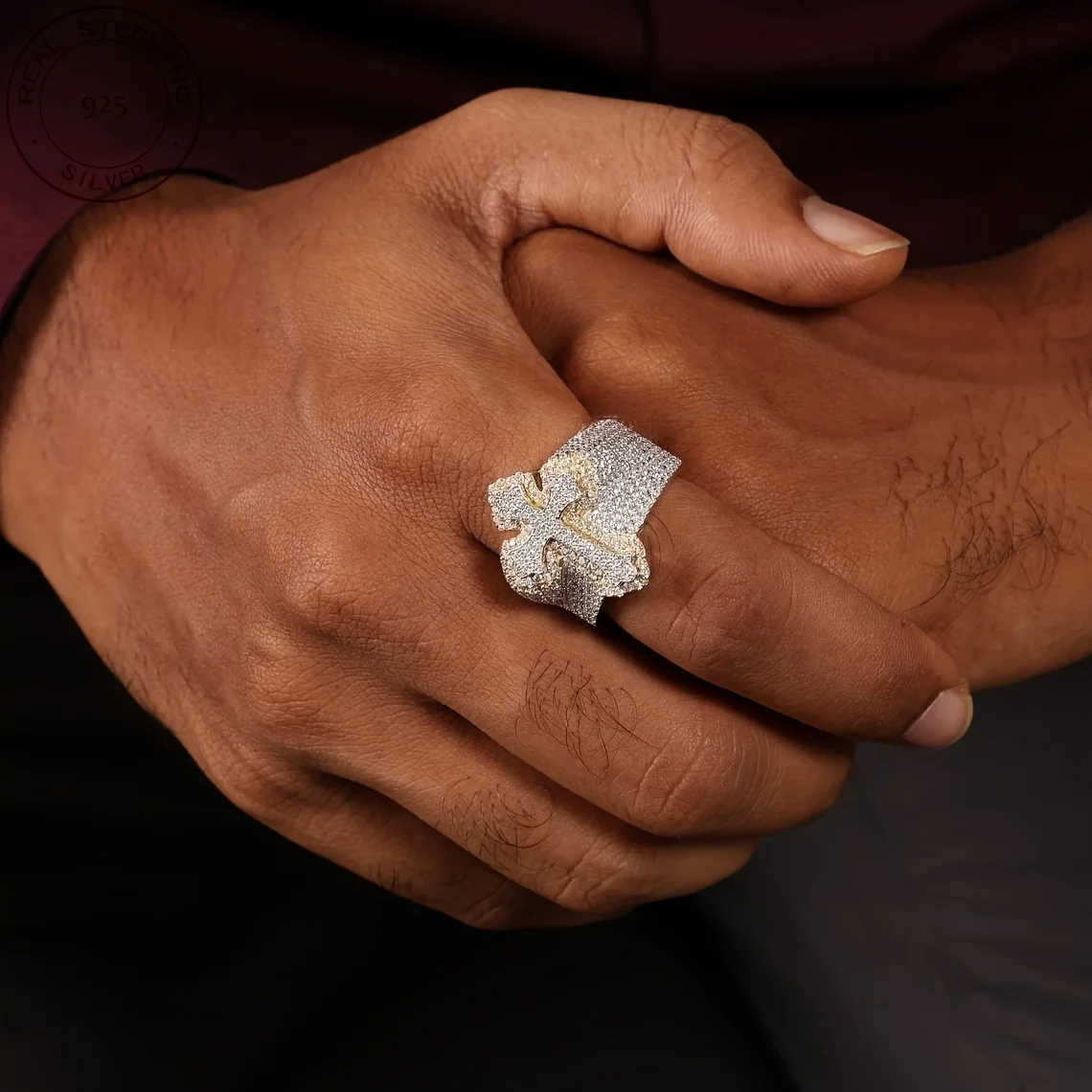 แหวนเงินแท้ 925 ลายกากบาทแบบ Iced Out สไตล์ฮิปฮอป รุ่นใหม่ล่าสุดปี 2025 สำหรับผู้ชาย ดีไซน์เรโทรสองสี เครื่องประดับคุณภาพ