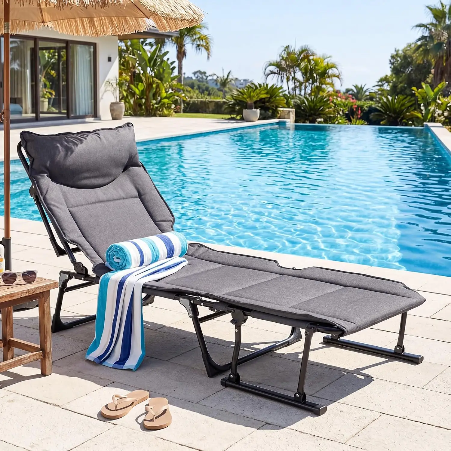 Folding Patio Lounge Chair Set Of 2 Adjustable Recliner Foldable Bed Cot With Cushion Armrest Head Pillow For Outdoor Camping Yard Lawn Office Home Gray, 2 Pieces