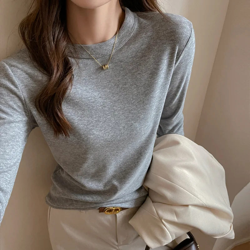 

Lyocell crew neck solid long sleeve top versatile design sense splicing bottoming shirt women's inner T-shirt