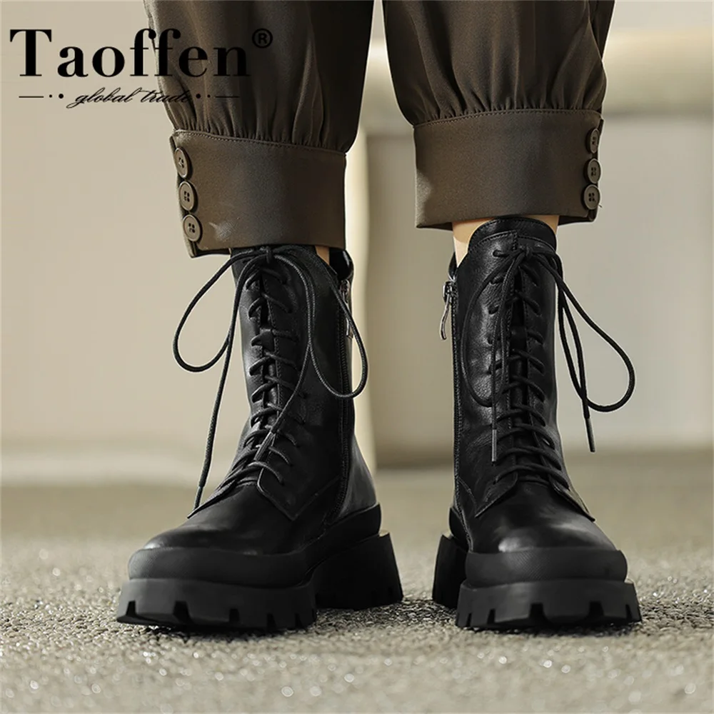 Taoffen Genuine Leather 2023 Fashion Women Low Heel Chunky Motorcycle Boots Causal Thick Bottom  Lace Up Boots With Zipper