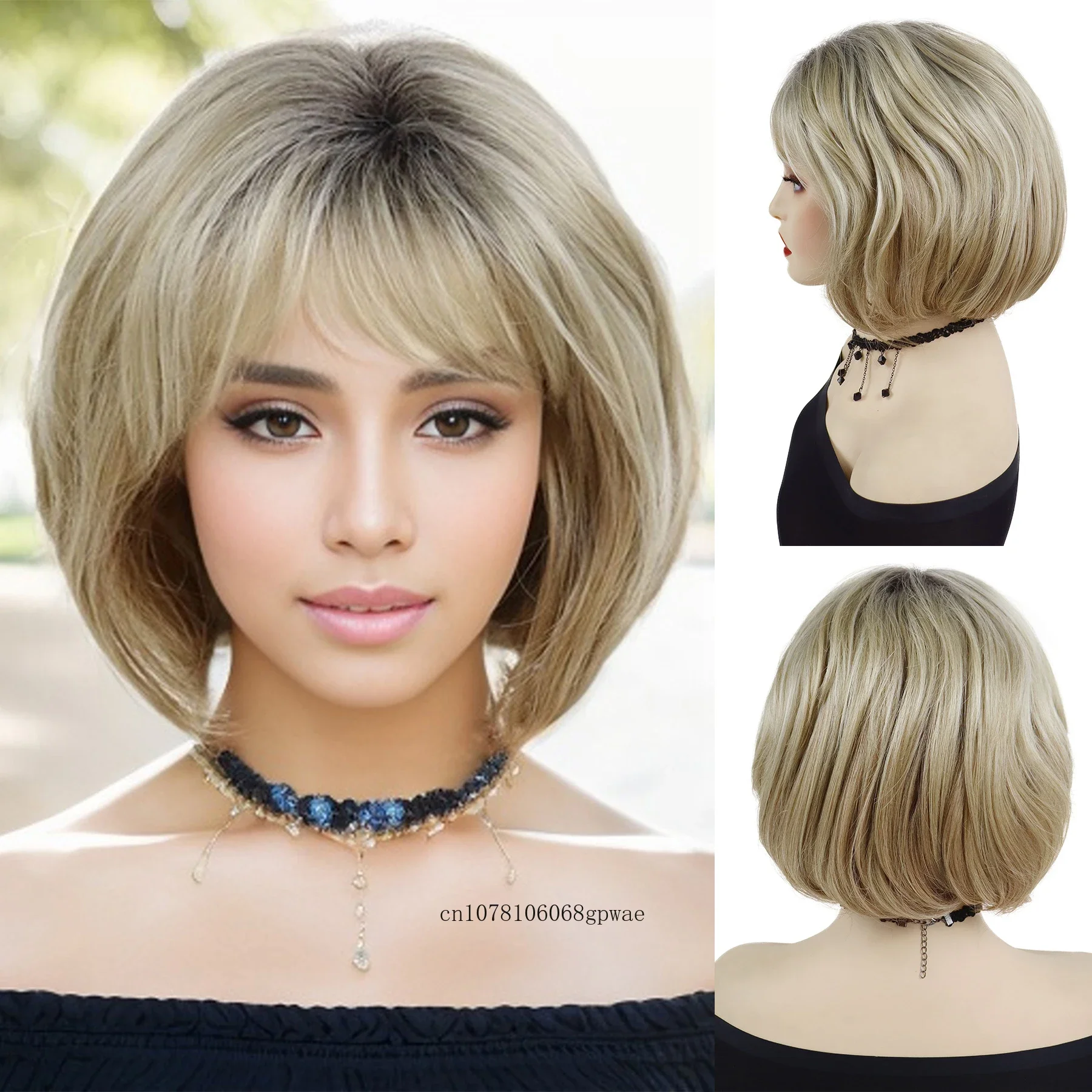 

Bob Cut Natural Synthetic Hair Wig Blonde Wigs with Bangs for Women Mom Daily Dress Party Adjustable Cap Size Heat Resistant