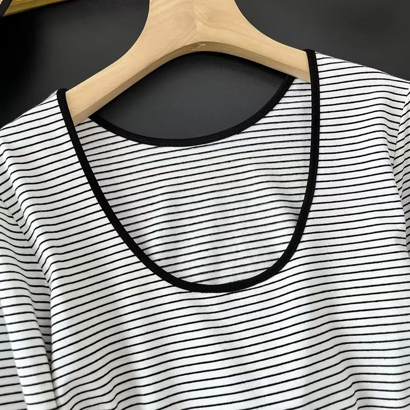 Maxdutti Summer British Casual Striped  Women T-Shirt Female Fashion Ladies Round Neck Pure Cotton Top