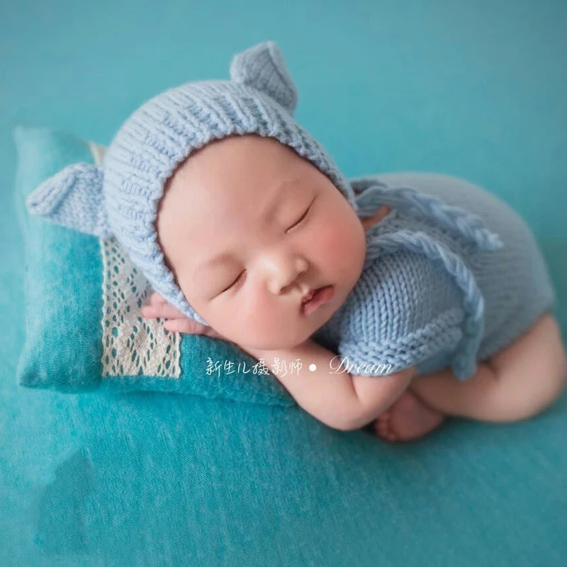 0-6M Setelan Baju Fotografi Bayi Baju Monyet Rajutan Lengan Pendek + Topi Alat Peraga Fotografi Bayi Baru Lahir