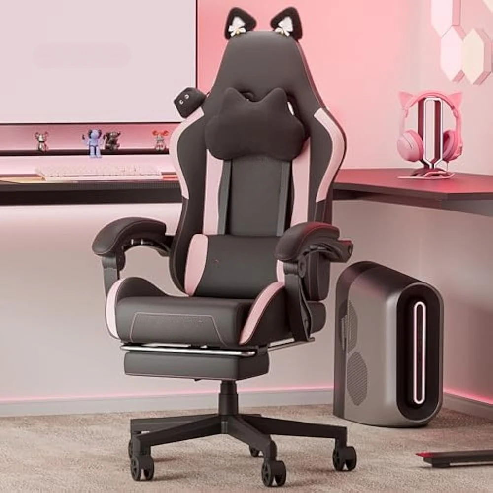 

Gaming Chair Cute w/Cat Ears and Massage Lumbar Support, 290lbs, Ergonomic Computer Chair for Girl with Footrest and Headrest