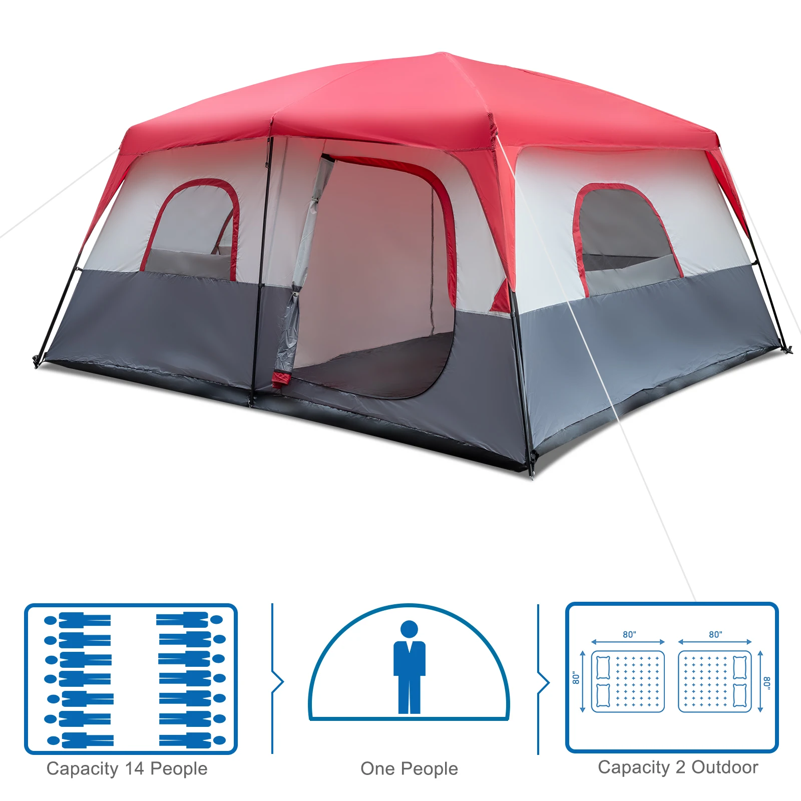 14 people red and white camping tent polyester cloth fiberglass pole 430*430*210cm N001