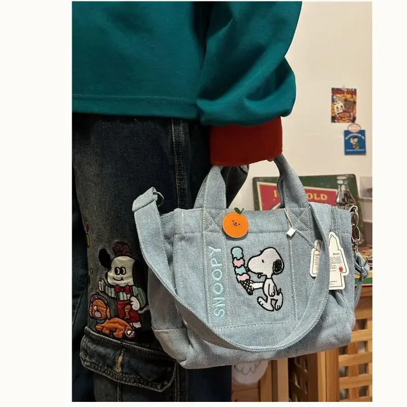 Snoopy Denim Cloth Shoulder Bag For Women Cartoon Embroidery Tote Handbag Female Large Capacity Shopping Bag Girls Crossbody Bag