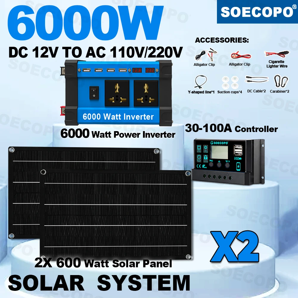 

SOECOPO 6000W Camping Full Portable Solar Kit Inverter 100A Controller USB 5V/1.5A Home RV（DC 12V - AC 110V/220V Dual Sockets）