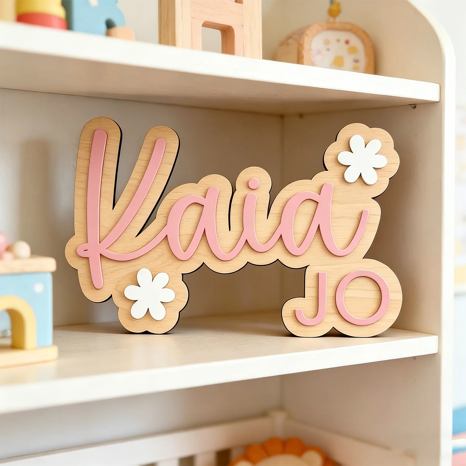 1 Customized Wooden Surname Brand for Children's Room,Double Layered Flower Decoration,Gift for Friends,Birth Baptism Decoration