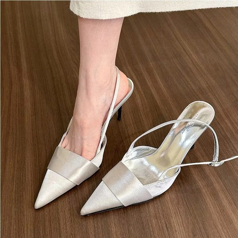 

Pink Silver Satin Silk Slingback Shoes Woman Elegant Point Toe Platband Design Pumps Ladies High Heel Evening Party Sandals