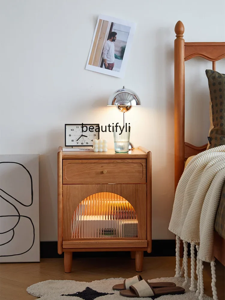 

A13 Solid wood bedside table Japanese cherry wood log bedroom storage cabinet narrow side shelf