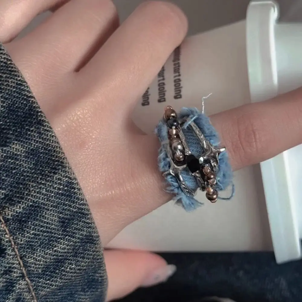 Fashion Star Y2K Opening Rings Three Layer Heart Denim Rings Jewelry Adjustable Metal Beaded Rings Women