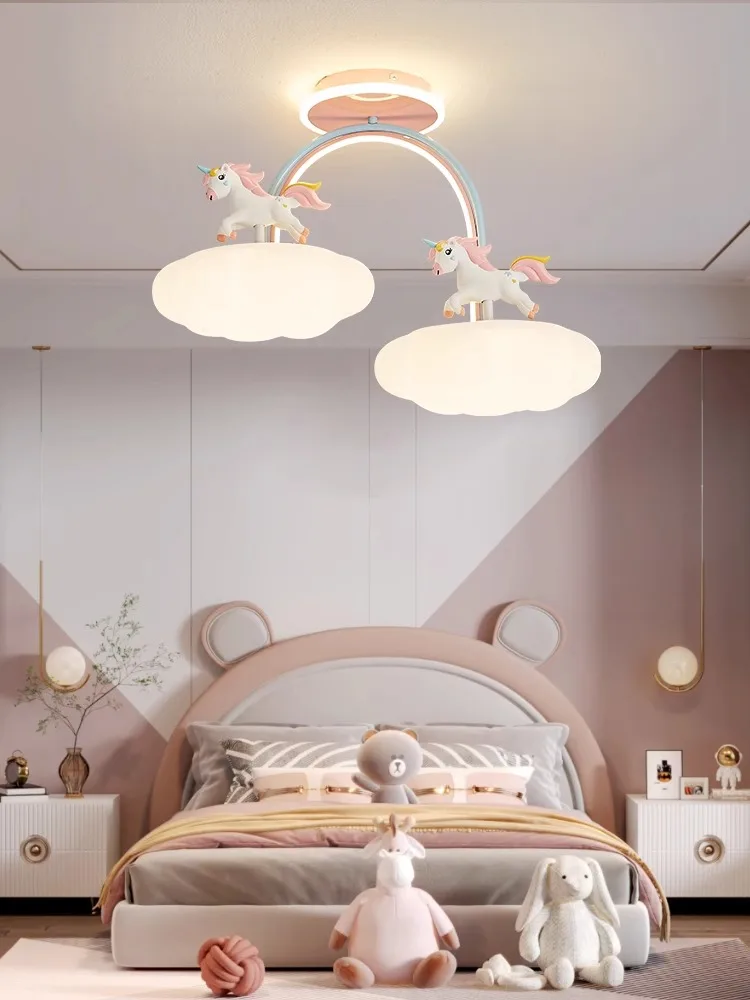 Children\'s room lamp girl cartoon cloud unicorn warm full spectrum eye protection princess room chandelier bedroom ceiling light