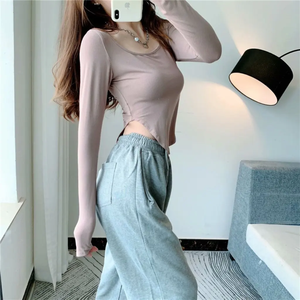 YPFF المرأة سليم صالح بأكمام طويلة تي شيرت مشروط بلون تمتد قوس أسفل مثير الساخن فتاة نمط أعلى لخريف شتاء