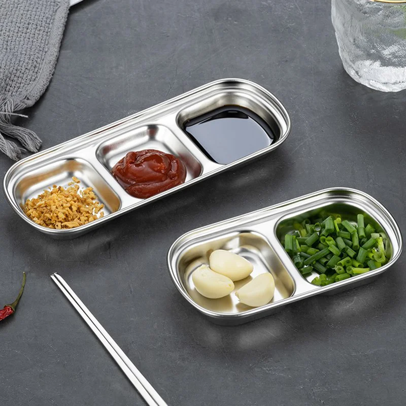 Stainless Steel Sauce Dish Spice Plates Gravy Boats Appetizer Serving Tray Rectangle Divided Oil Spice Dipping Tray Small Dish