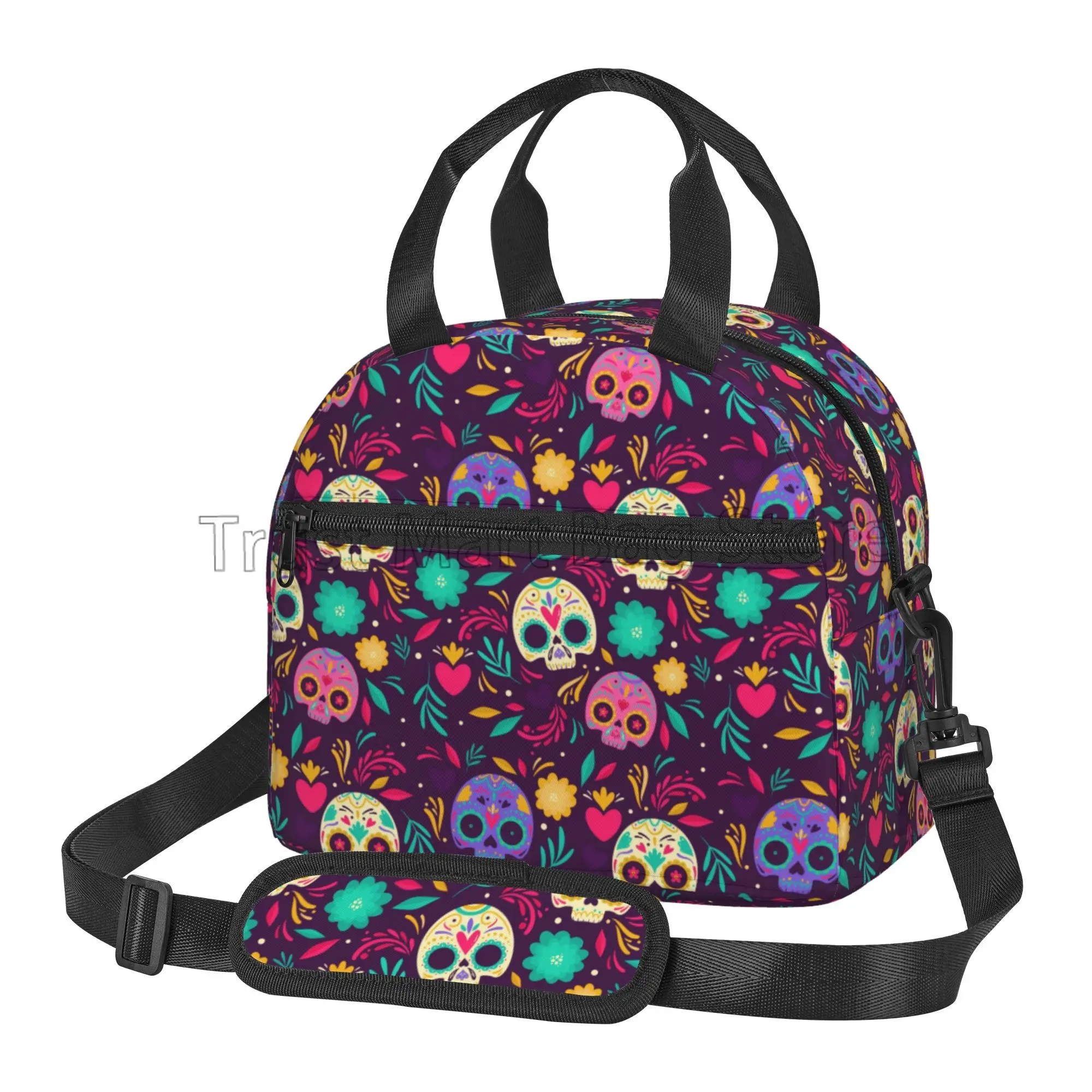 Teschio di zucchero messicano Day of The Dead Art borsa termica per il pranzo riutilizzabile scatola termica portatile con tracolla regolabile