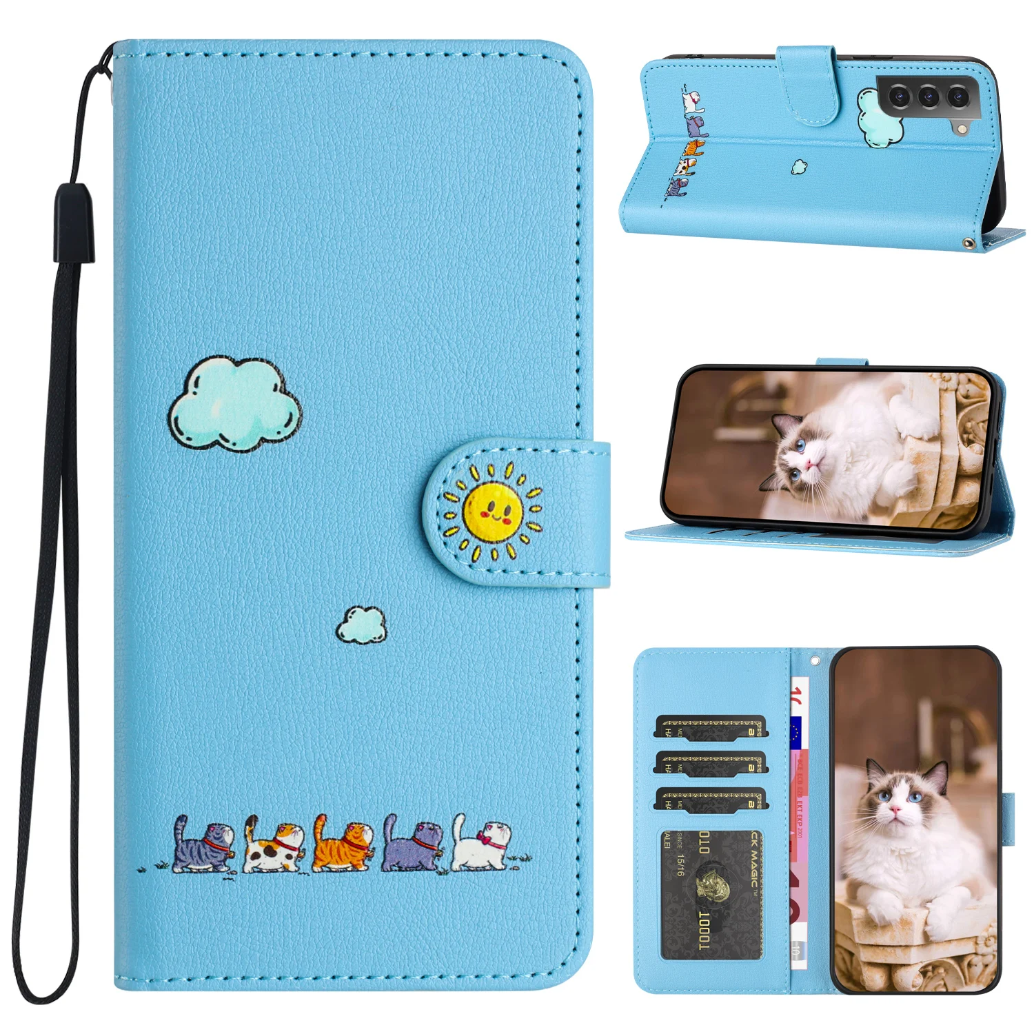 Dla Samsung Galaxy S21 / S21 FE / S21 Plus Cover Cartoon Cat Style Softshell Flip Leather Case