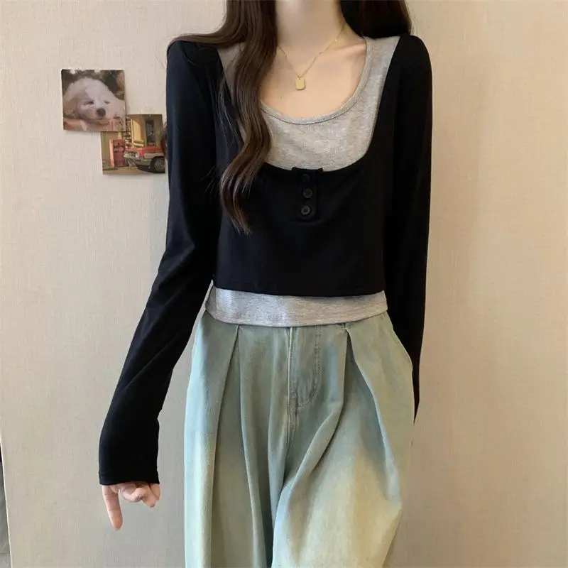 Fake Two Pieces Patchwork Pullovers Spring Autumn New Slim Fashion Button Female Clothing Contrasting Colors Long Sleeve T-shirt