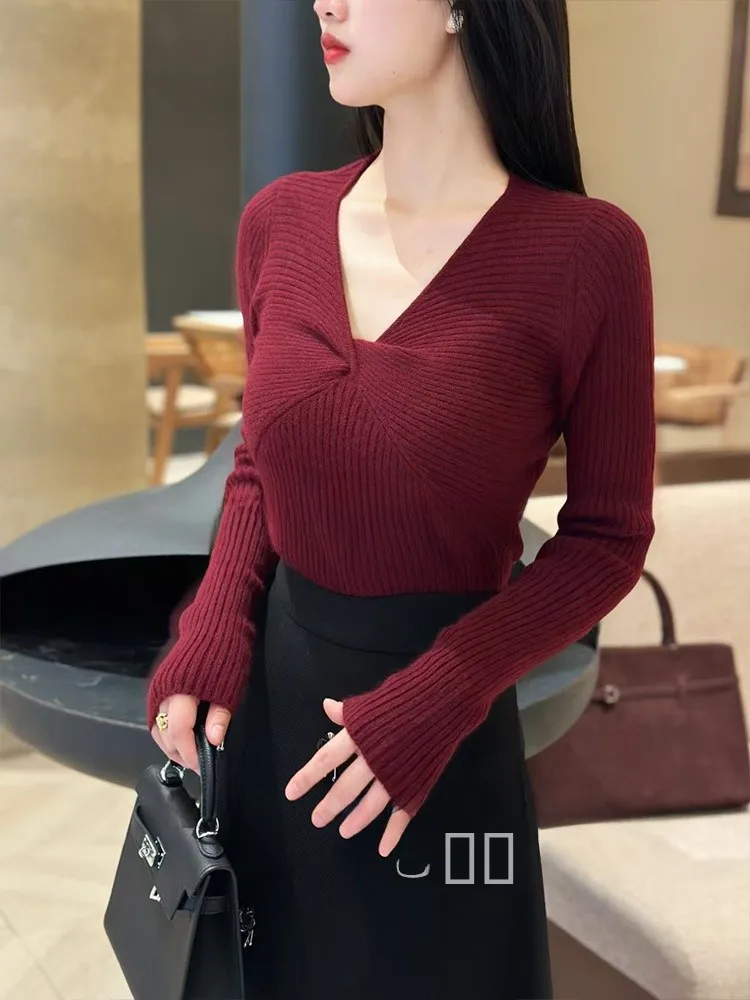 

Женский облегающий вязаный топ с длинным рукавом и круглым вырезом, модный, весна 2025, для повседневной носки, однотонный
