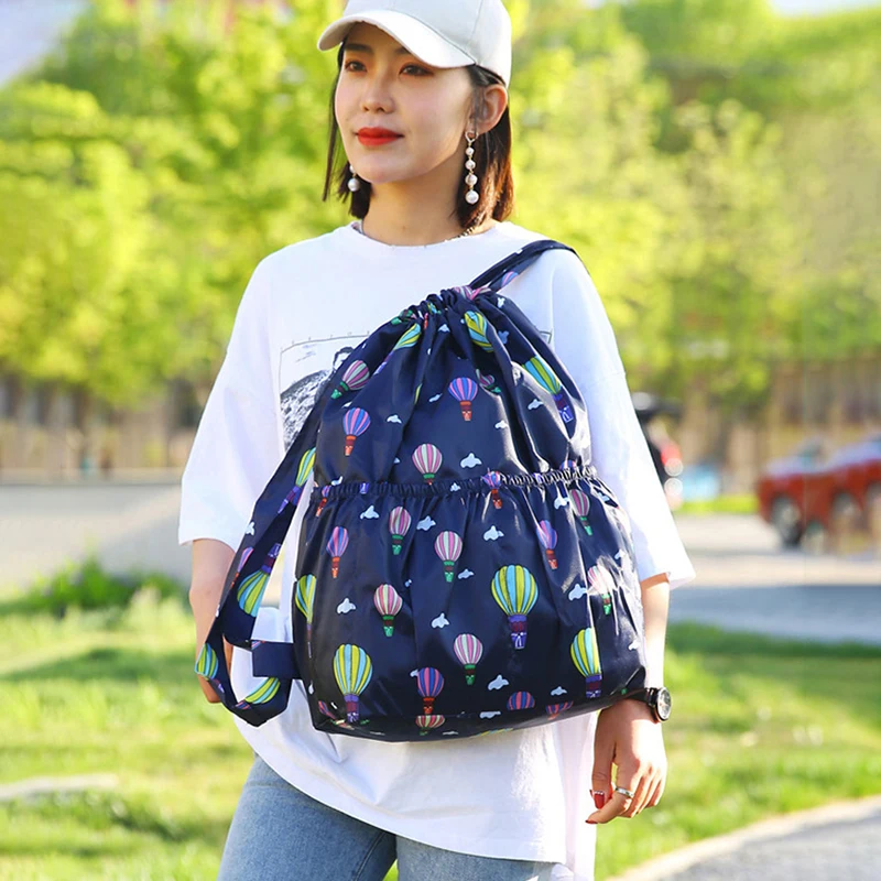 Women Drawstring Backpack Fashion Print Nylon Waterproof Bagpack Large Capacity Travel Bag Fitness Sports Rucksack Shopping Bag