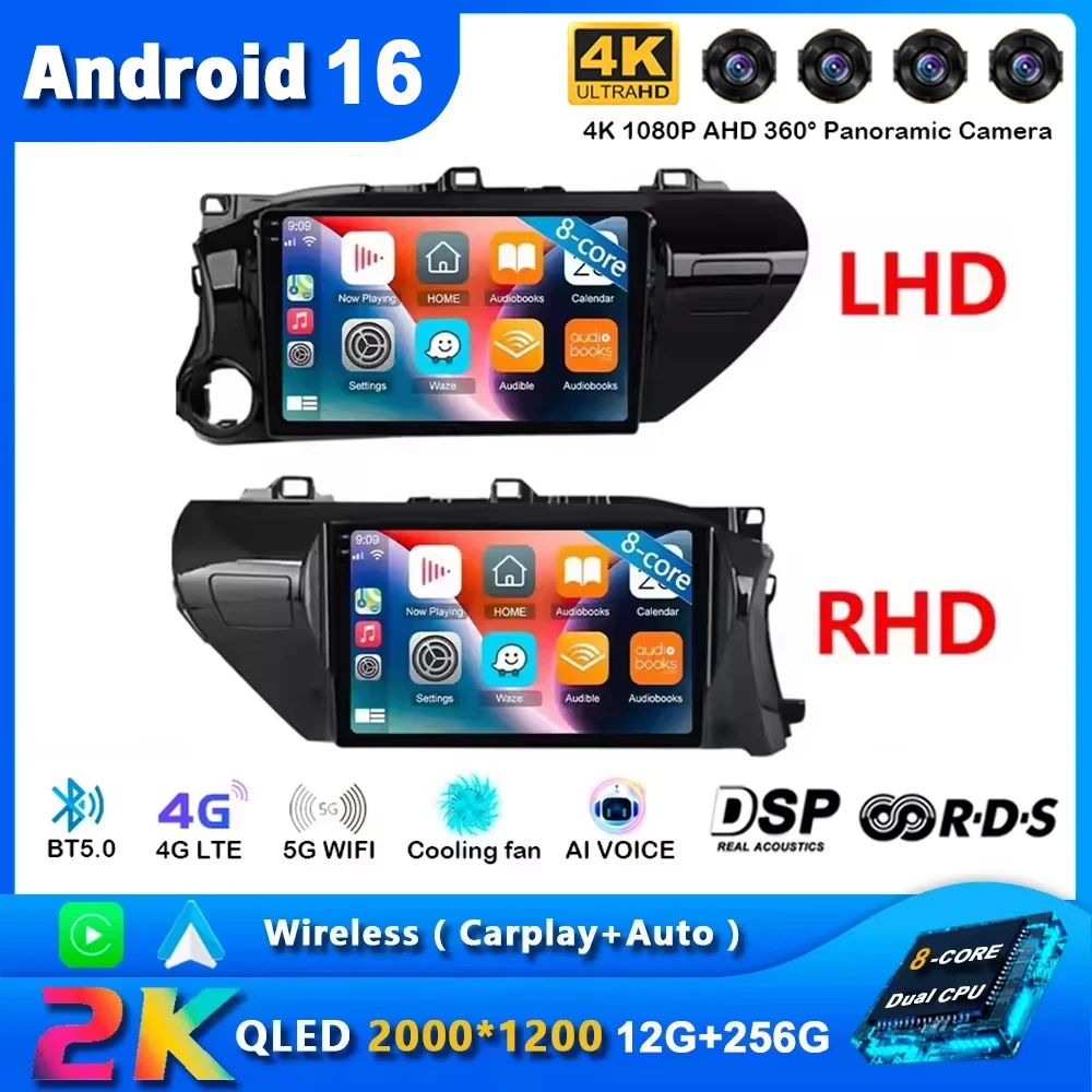 Android 16 Carplay Autoradio für Toyota HILUX REVO VIGO IMV 2016 2017 Navigation GPS Multimedia-Player WiFi+4G Stereo Video BT