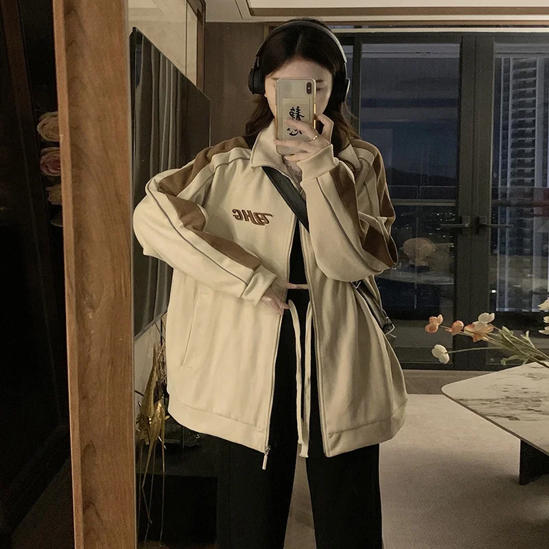 

Baseball Jackets Light Blue Womens Autumn Wool Overlong Boyfriend Stand-Collar Fringed Decorated Canvas Cowhide Cotton-Padded OL