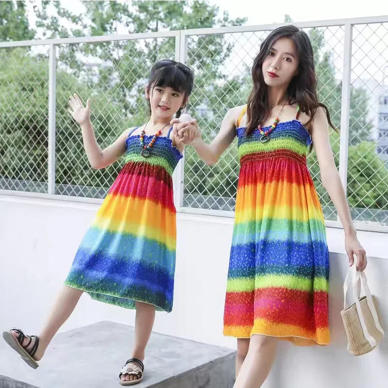 

Summer Bohemian Mother Daughter Beach Dress Children's Clothing Vestidos Floral Thin Girl Dress Casual Family Matching Outfits