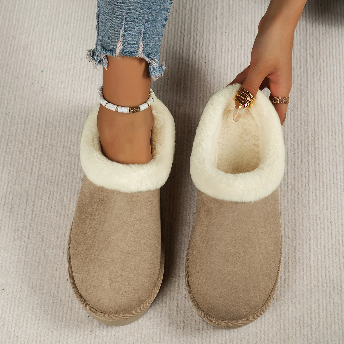 Wintermode Damen Flauschige Dicksohlige Freizeitschuhe, Dicksohlige Rutschfeste und Warme Hausschuhe mit Fellfutter – Detail 10