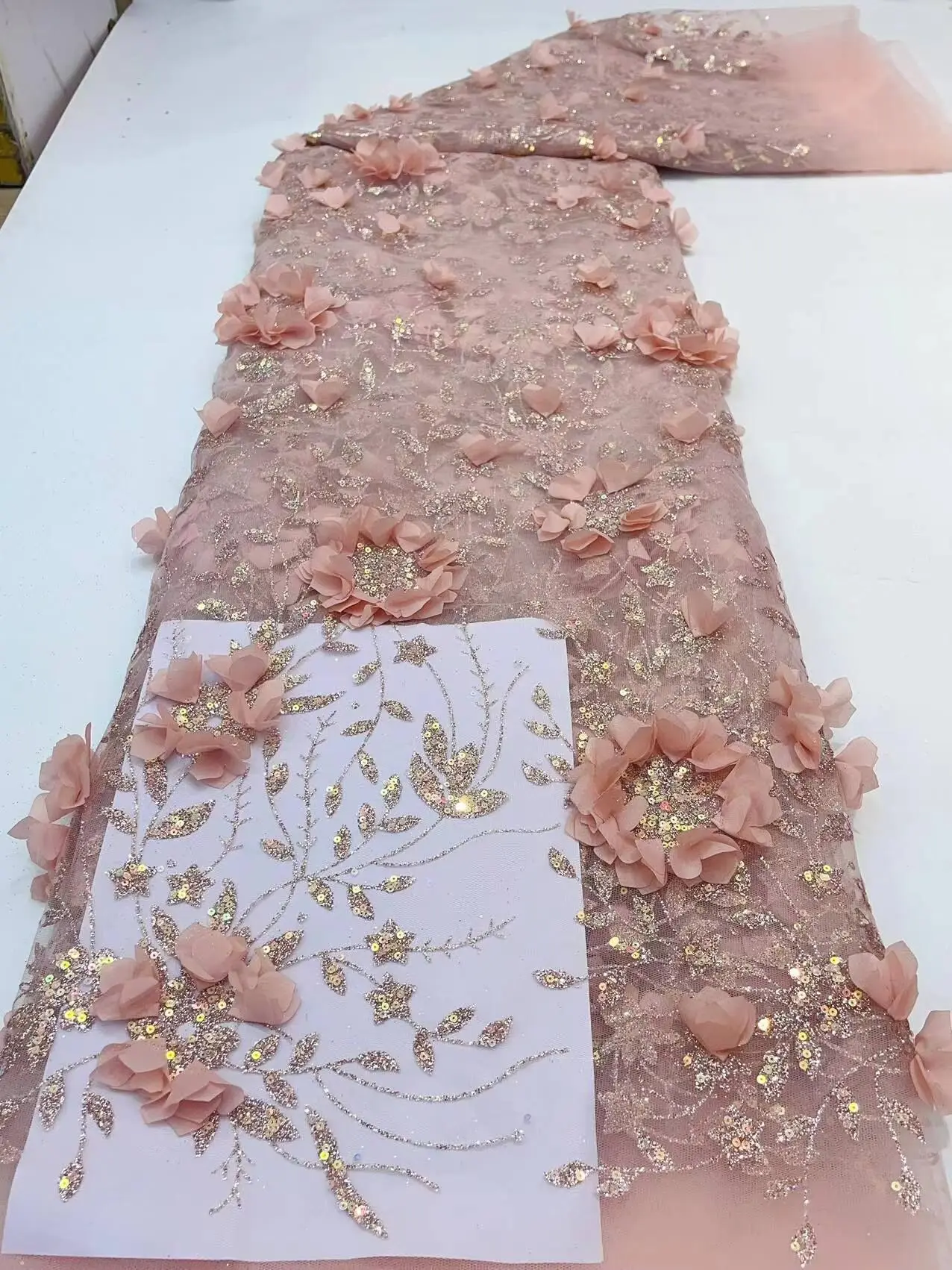 

Glitter lace Fabric with 3D flowers ZH-13066812 Wedding Clothing Fabric DIY Sewing