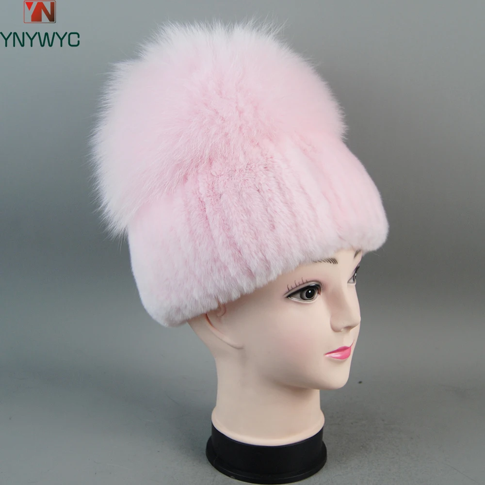 

New Women Winter Luxury Real Rex Rabbit Fur Hat Knitted Rex Rabbit Fur Hat Top Natural Fox Fur Cap Genuine Fox Fur Beanies Hat