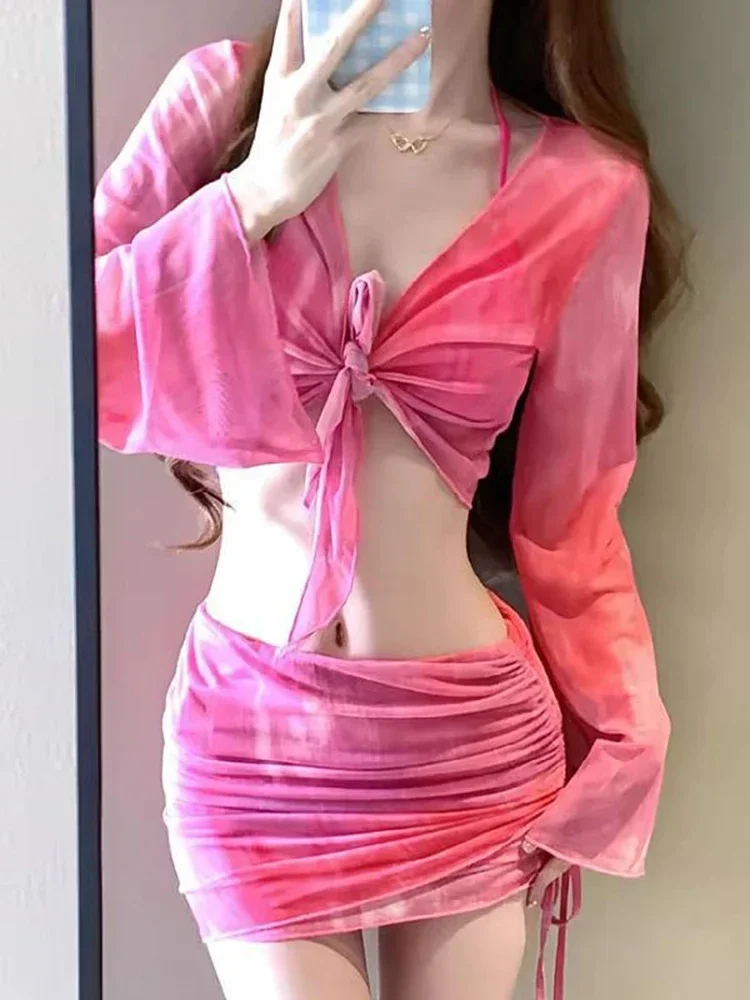 Pink Swimwear Women Sexy Bathing Suit Drawstring Beach Wear Halter Long Sleeve Tunic Four-piece Female Bikini Suit