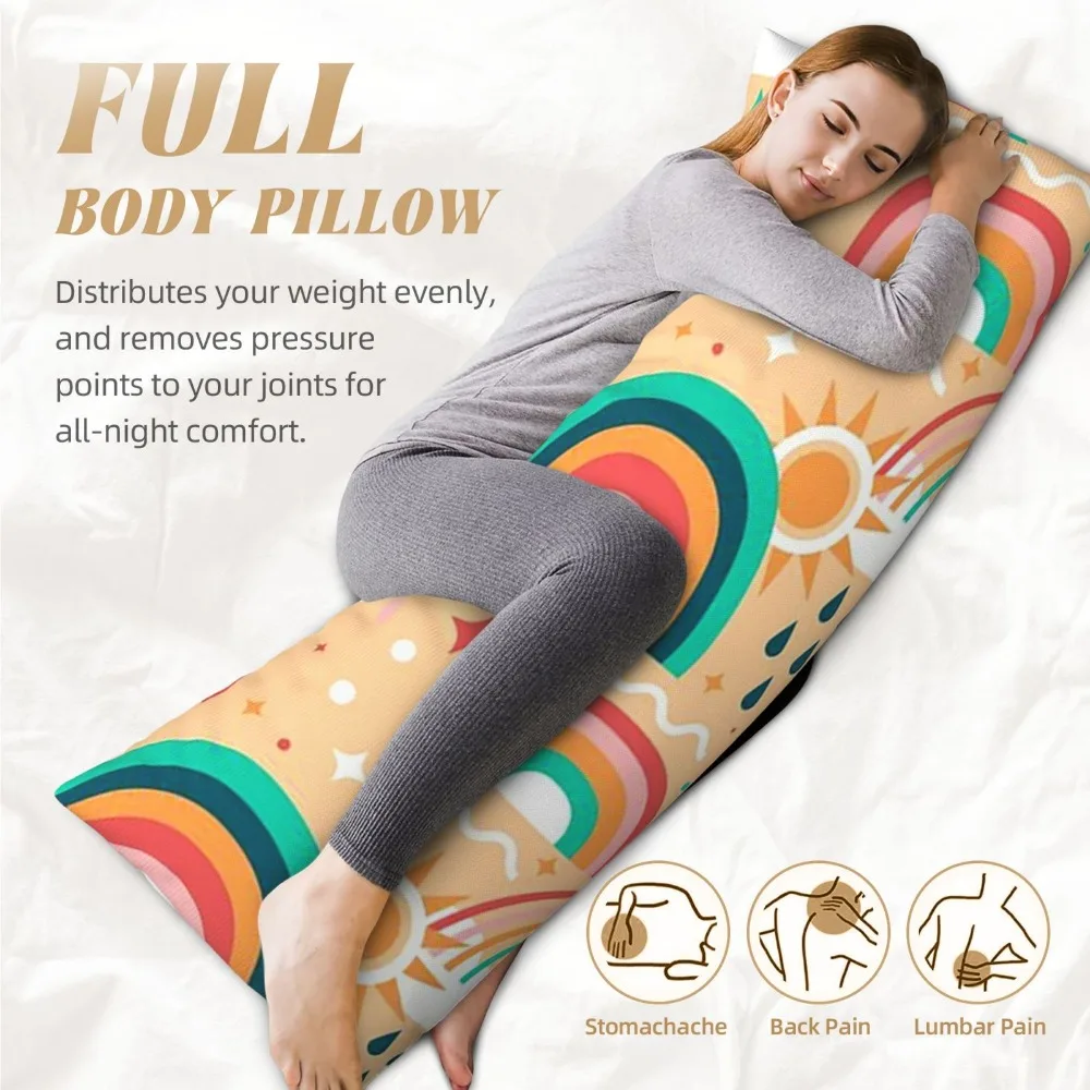 A 20X54 Inch Ultra-Soft Body Pillowcase Featuring Cute Cartoon Patterns of Clouds, The Sun, And Rainbows. Made from 100% Polyest
