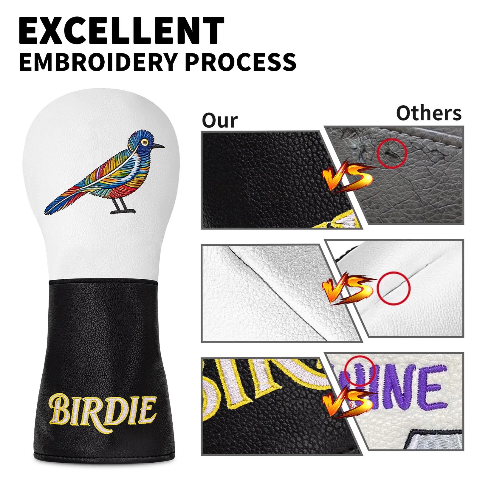 Colorful Bird Embroidery Golf Headcover Elastic Bands Color Block Water Resistant PU Leather Club Head Cover view 2