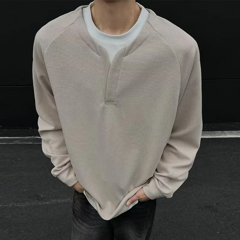 Men Color-coded O-neck Long Sleeve Waffle Simple Daily Casual Trendy Loose Fit Sweatshirts Male Autumn Winter Fashion Clothes