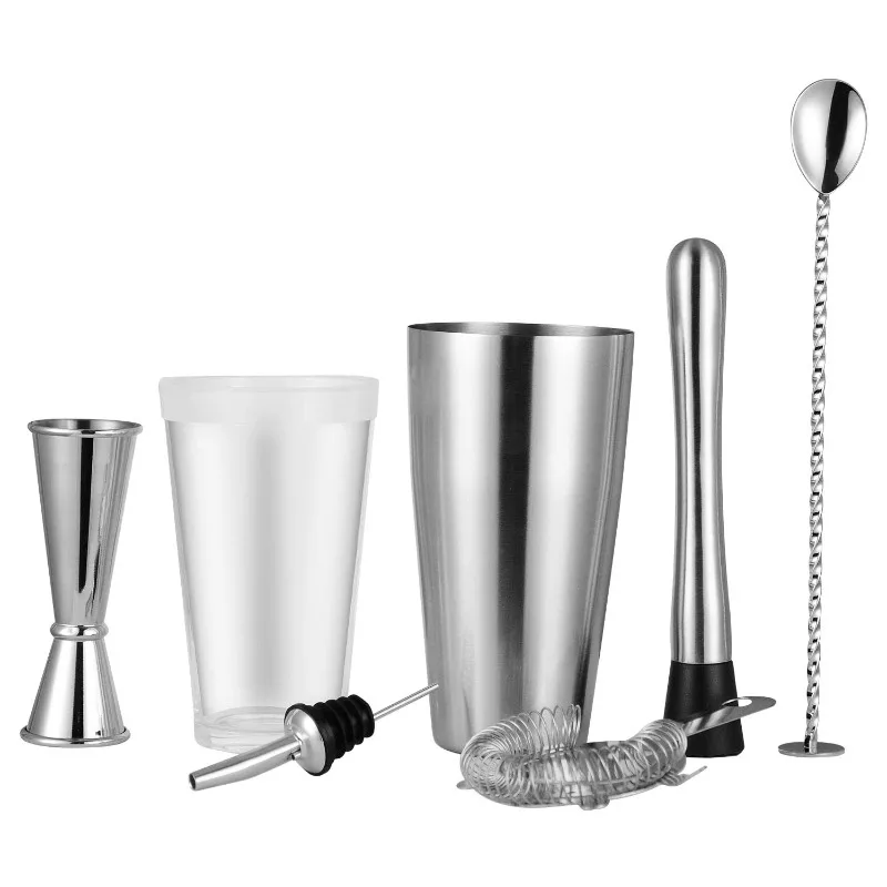 7Pcs Compact Eco Friendly Stainless Steel Boston Cocktail Shaker Bar Kit 450ml Essential Mixology Tools For Small  Mini