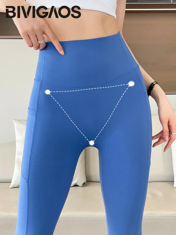 BIVIGAOS Leggings in pelle di squalo con tasca laterale primavera autunno Leggings da yoga fitness attillati a vita alta da donna Leggings da corsa push up