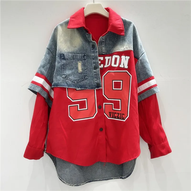 

Retro Woman Denim Patchwork Shirt Jacket Numbers Letters Printed Jeans Spliced Blouse Coat Single Breasted Cowboy Cardigan Tops