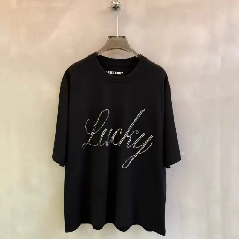 Men Women Summer Streetwear Handwritten Letter Hotfix Rhinestone LUCKY Tshirts Casual Loose Round Neck Short Sleeve Top Tees